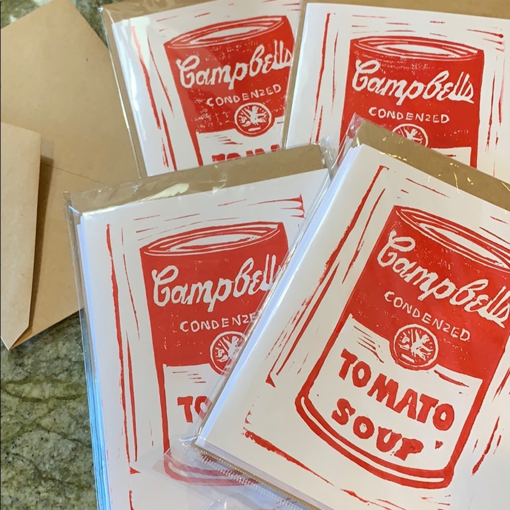 Set of 5 Tomato Soup Can Block Print Card’s